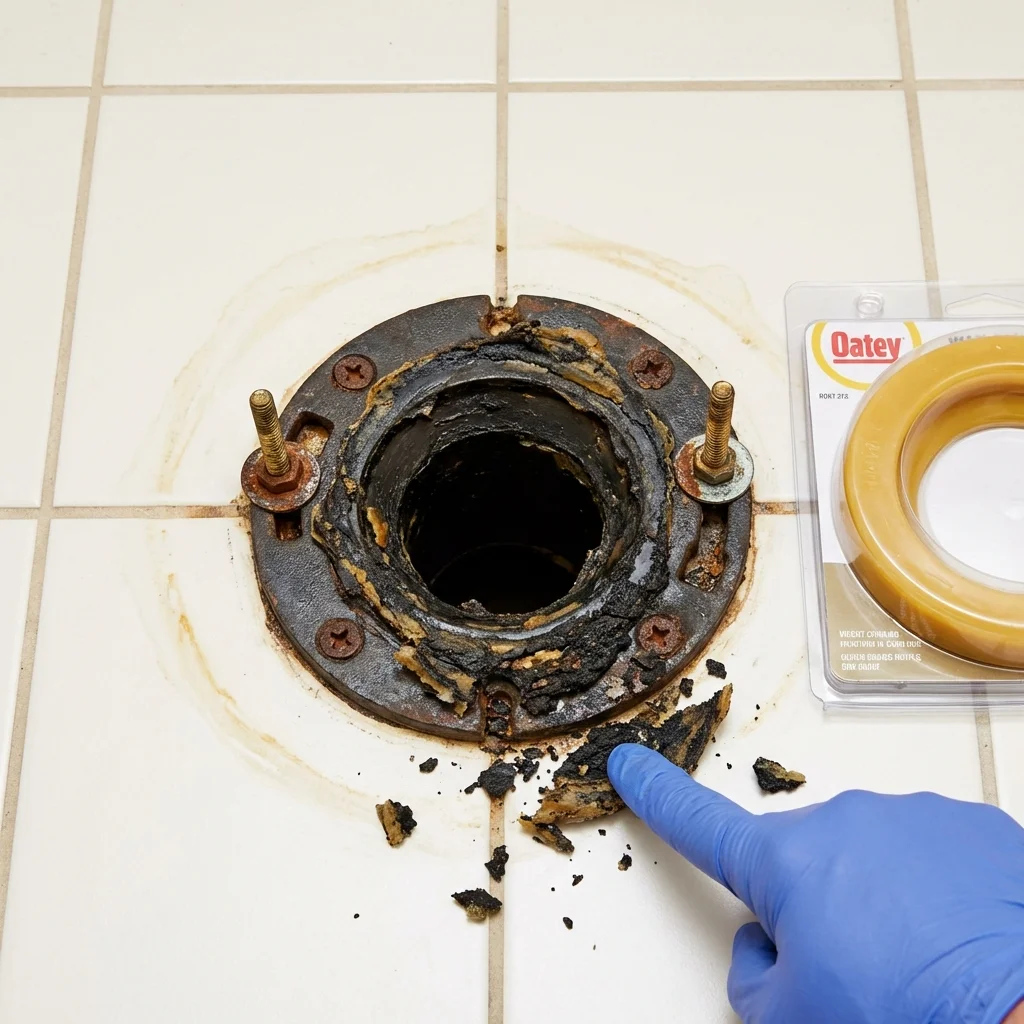 Failed wax ring showing water seepage at the base of a toilet in a Palmyra, VA home