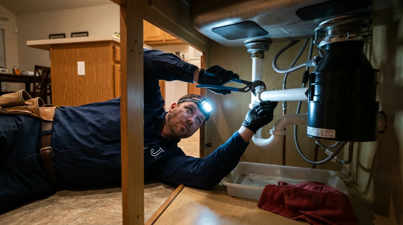 P-trap and supply line connections under a kitchen sink showing a common leak point in Palmyra, VA